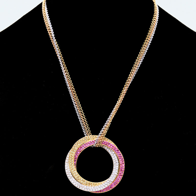 Necklace with 3 circles of gold in 3 tones, white diamonds, yellow diamonds and rubies