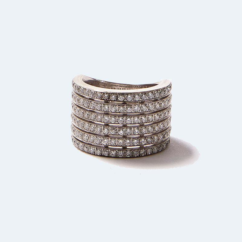 Wide Ring with 7 Rows of Diamonds and White Gold