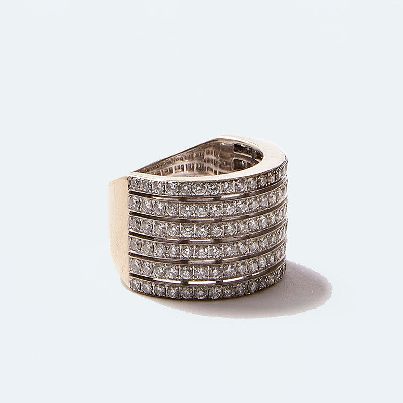 Wide Ring with 7 Rows of Diamonds and White Gold