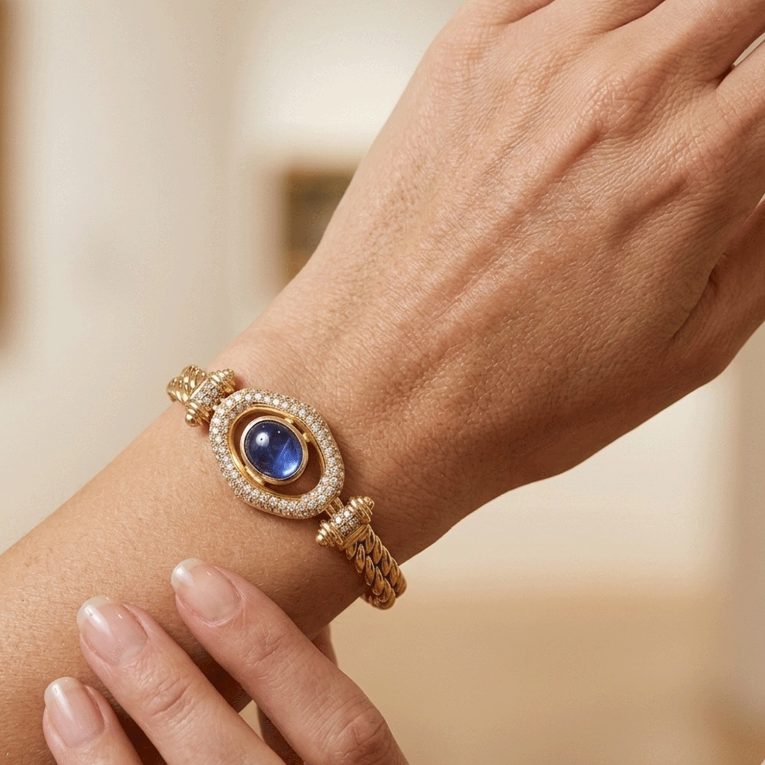 Gold Bracelet, Cabochon Sapphire and Diamonds