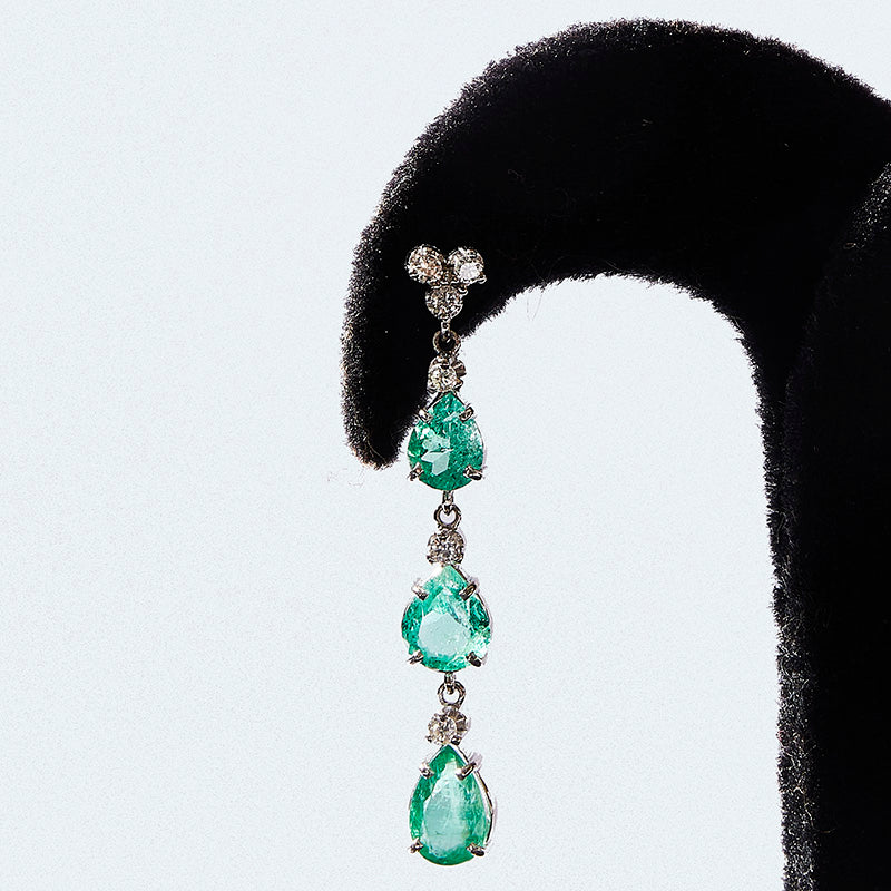 Long White Gold Hoops with Diamonds and Emeralds