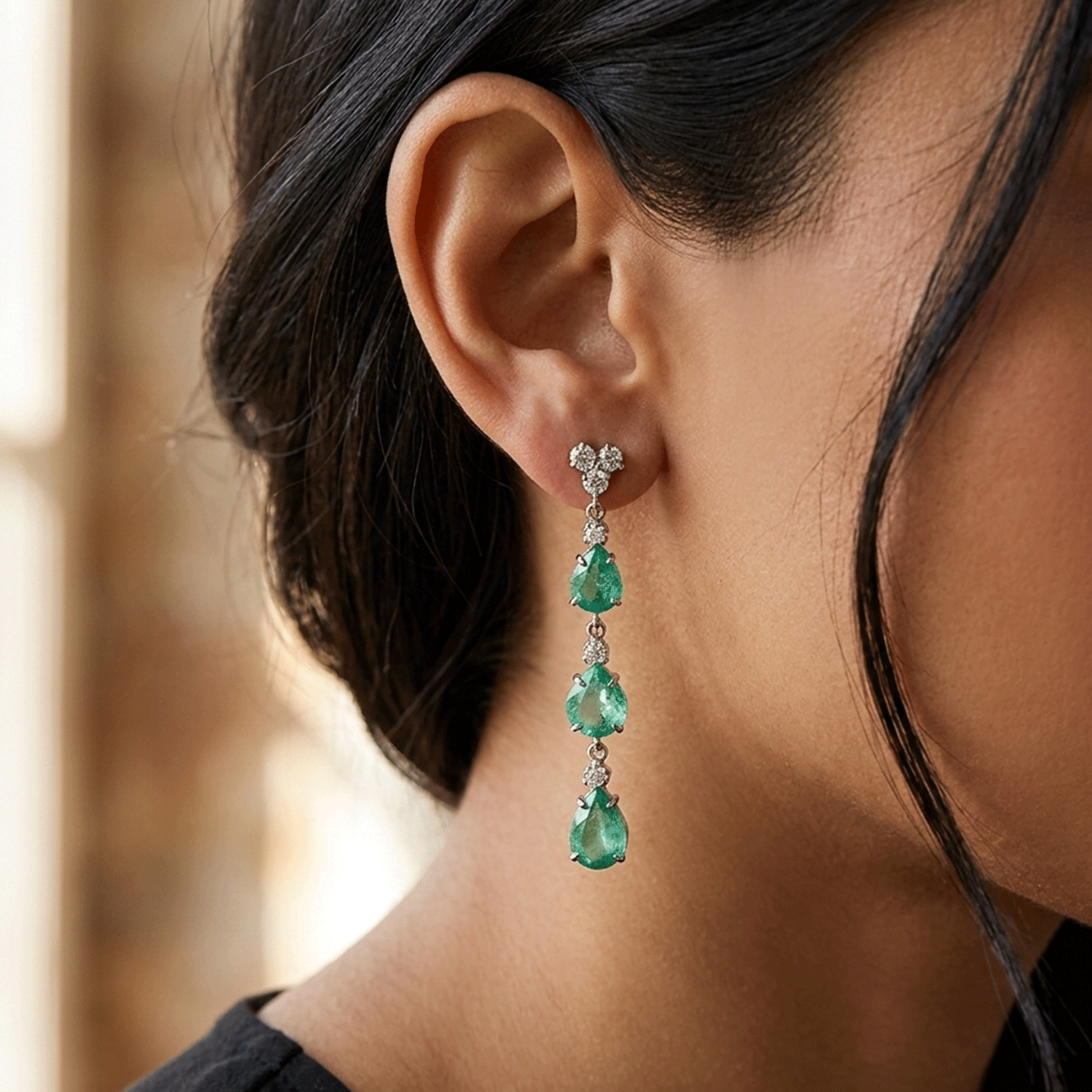 Long White Gold Hoops with Diamonds and Emeralds