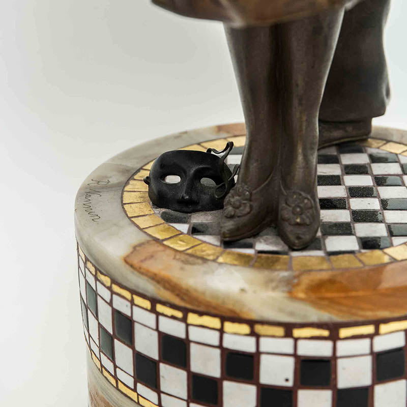 ‘The Vanquished Pierrot’, Bronze and Ivory sculpture with Onyx Marble and Enamel Base. Signed by R. Nannini