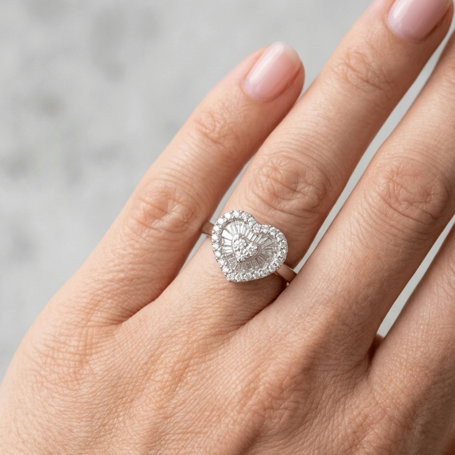 White Gold Ring with Heart-Shaped Diamonds