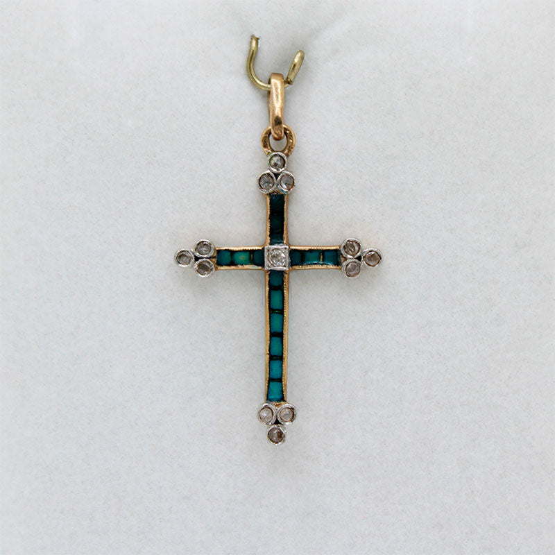 Gold Cross with Brilliant, Diamonds, and Blue Enamel