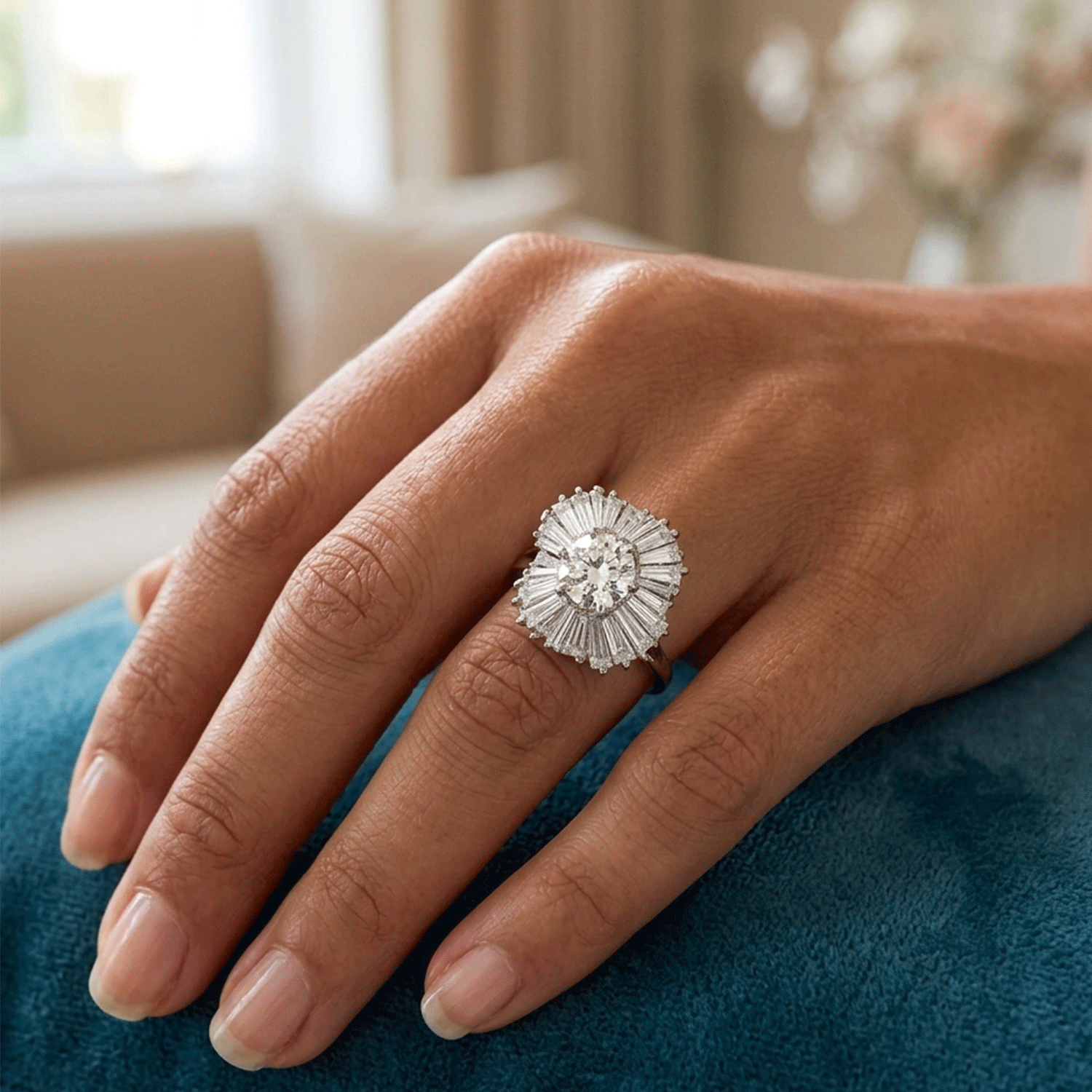 Anillo "Bailarina" de Platino, con Brillante Central 1.19ct "J" rodeado de 3.70ct de brillantes trapesoidales