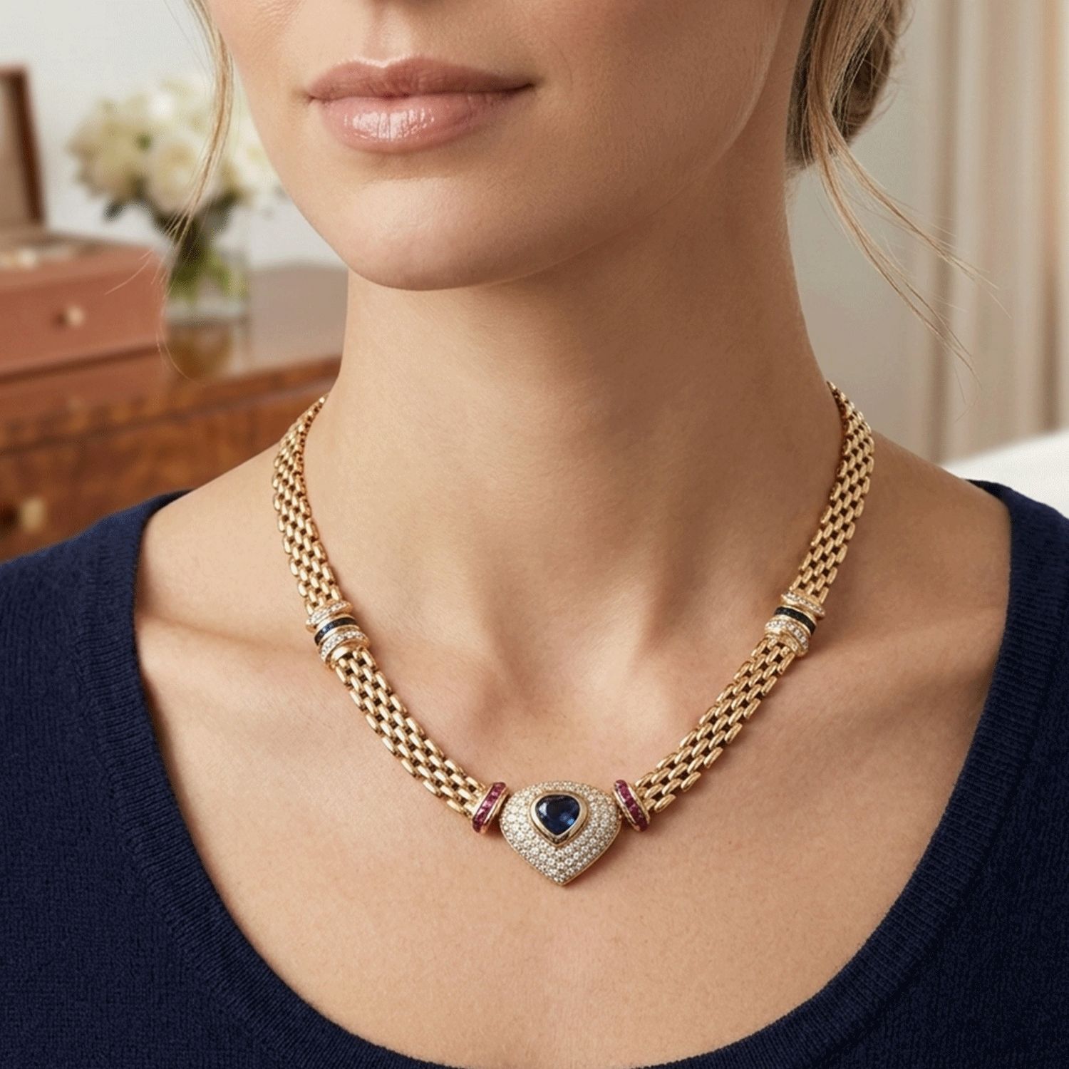 Gold choker with sapphire center, diamonds and rubies