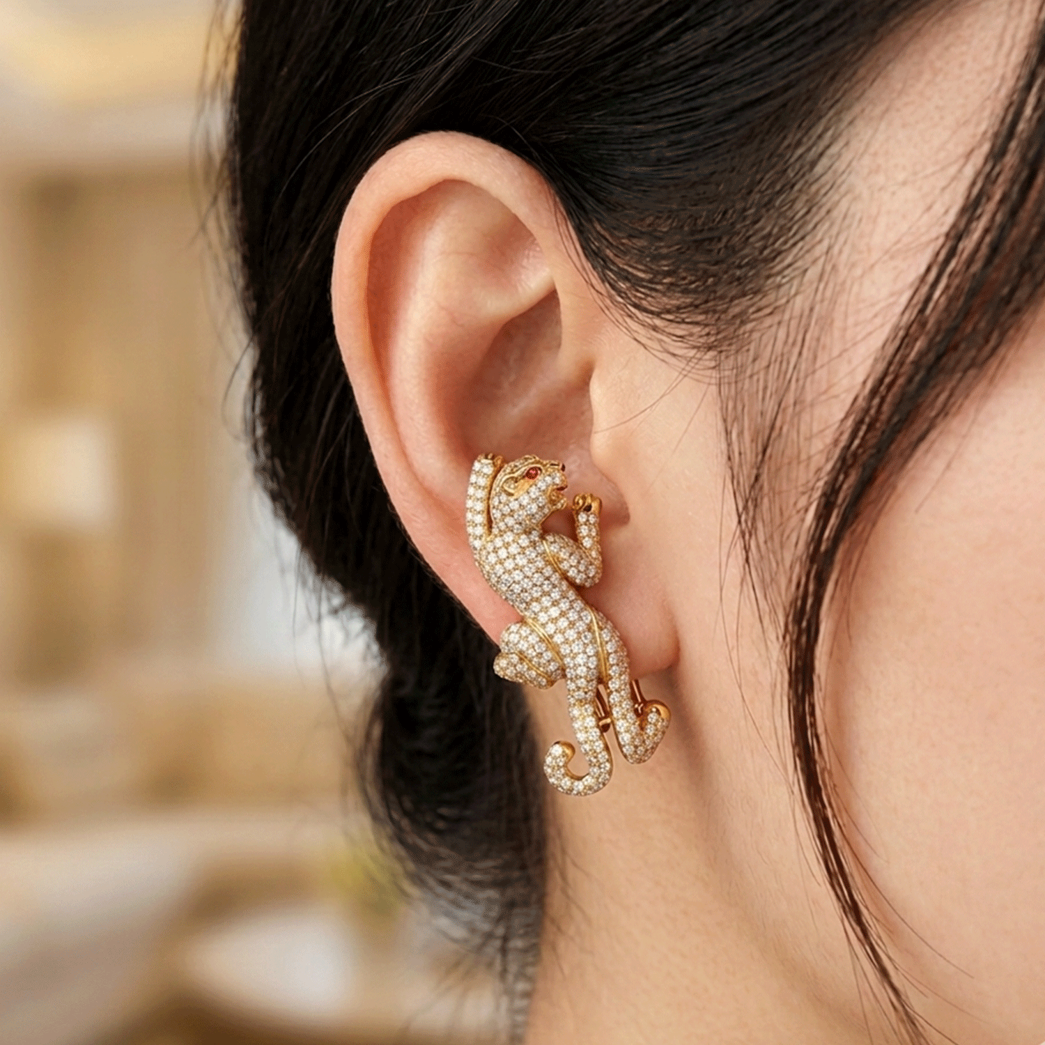 Feline Splendor: "Panther" Gold Caravans with 5.00 ct of Diamonds and Ruby Eyes