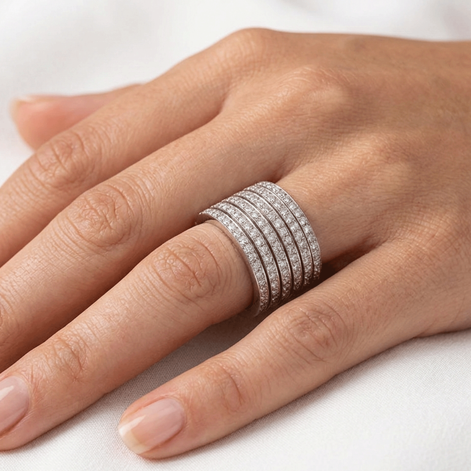 Wide Ring with 7 Rows of Diamonds and White Gold