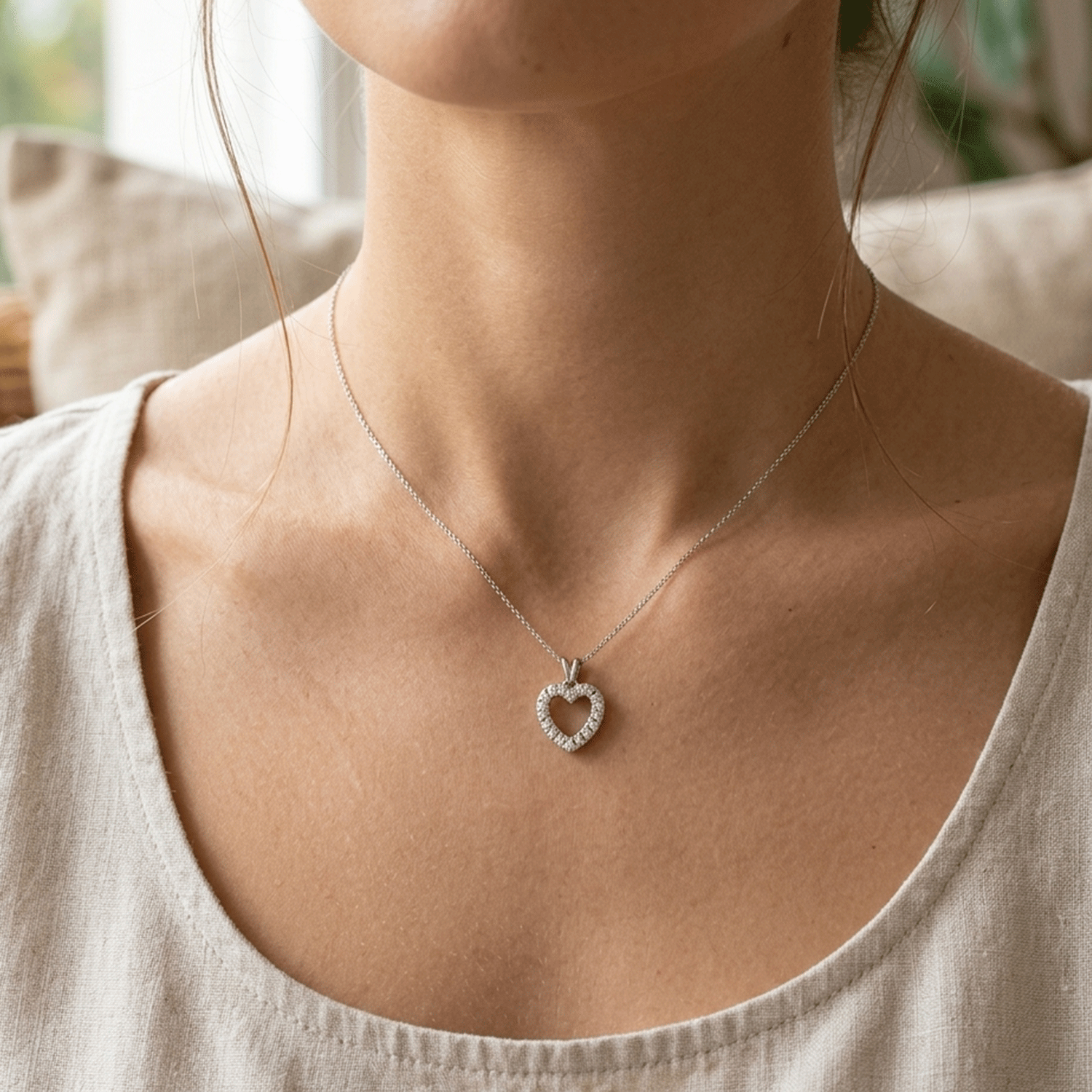 Dije Forma de Corazón en Oro Blanco y Brillantes