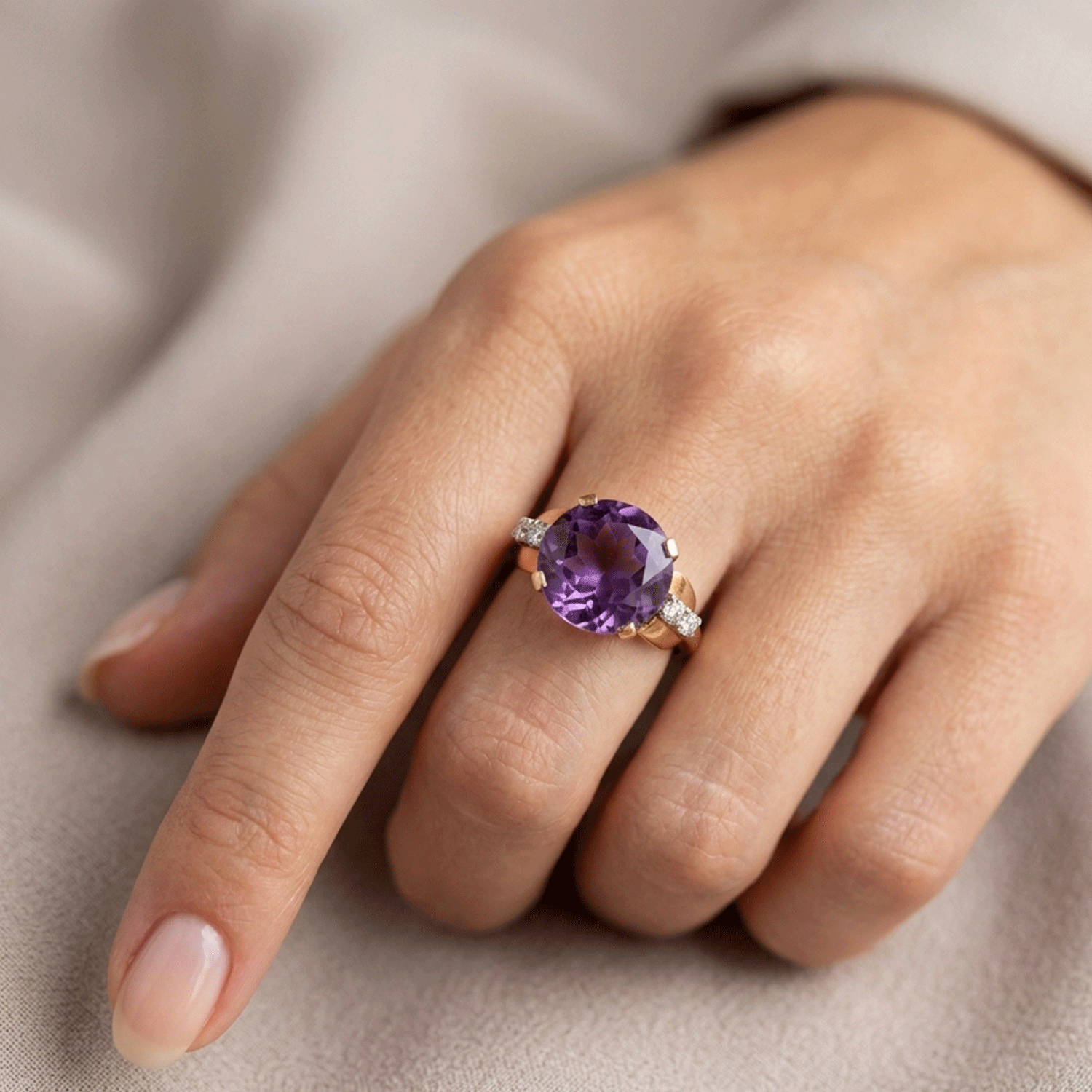 Anillo de Oro 18 quilates con Amatista Central y Brillantes