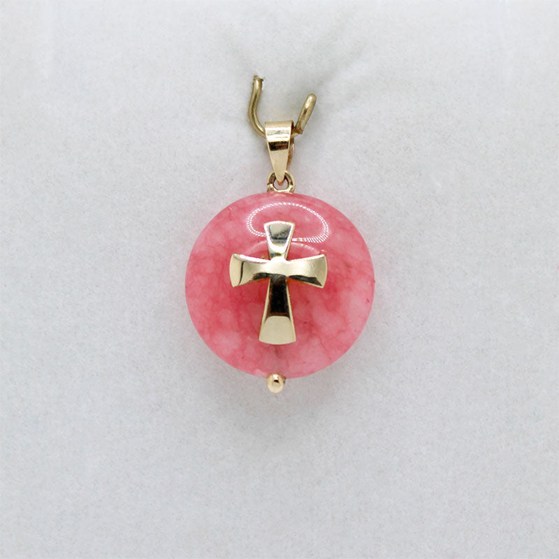 Cross Pendant in Pink Stone and 14k Gold