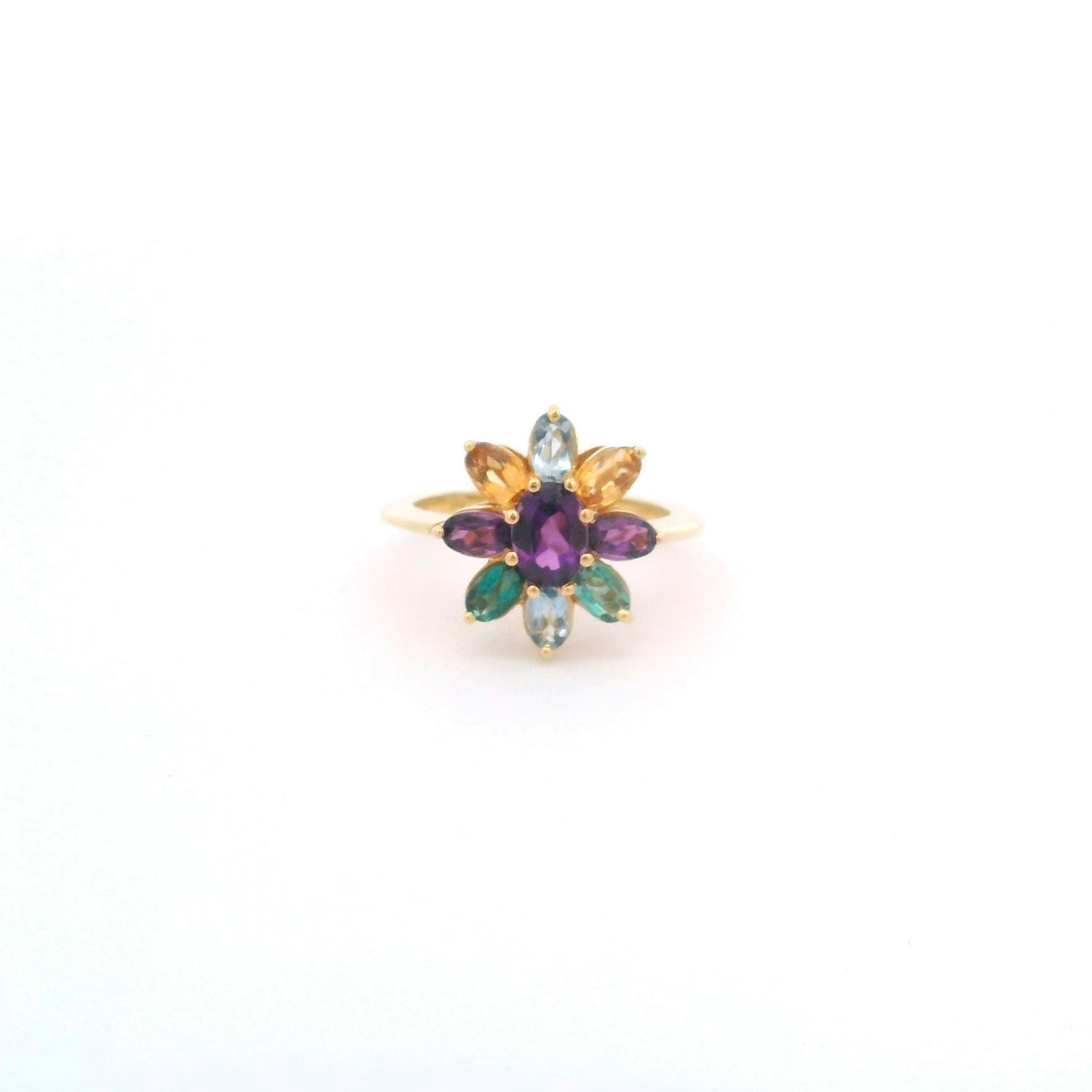 Flower Shaped Gold Ring with Multicolor Navette Stones