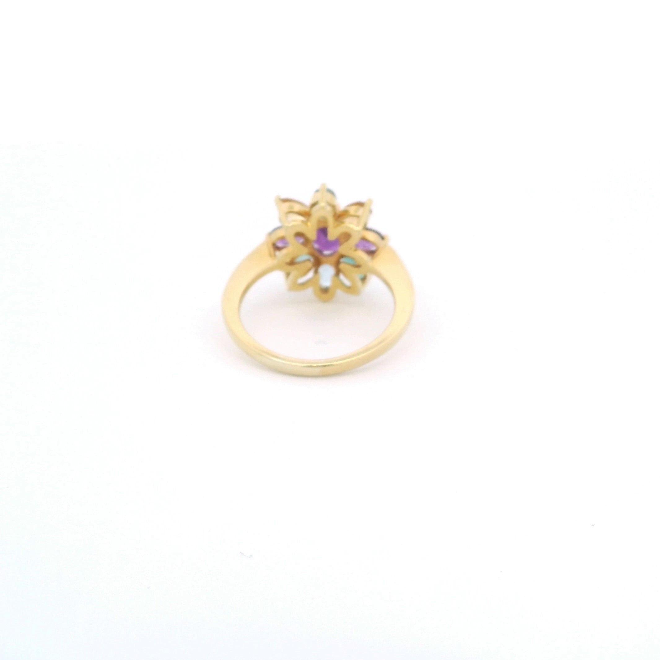 Anillo de Oro Forma de Flor Piedras Navette Multicolor