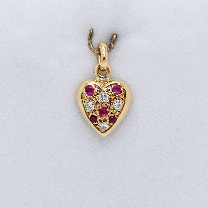 Dije Forma de Corazón en Oro 18k, Brillantes y Rubies