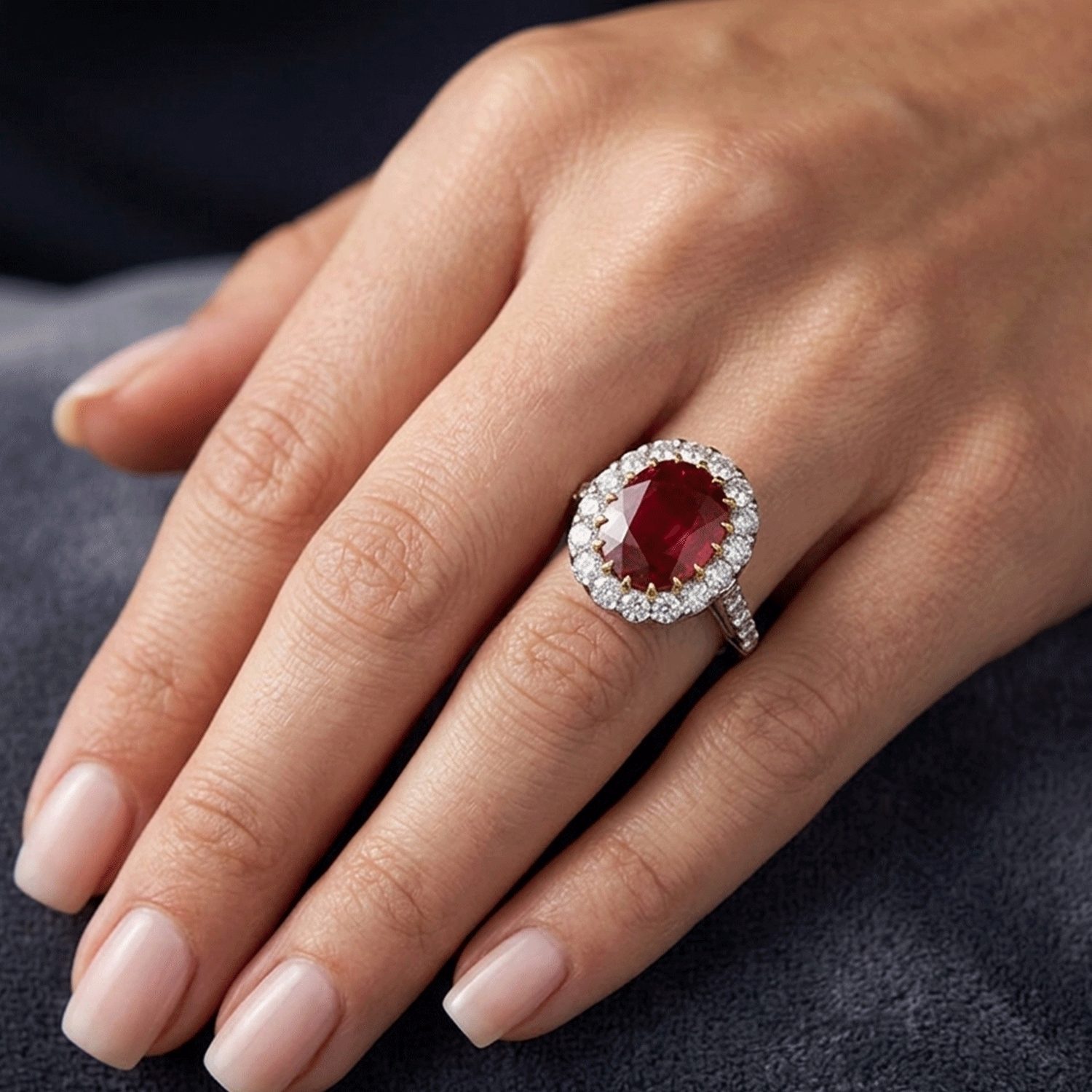 Anillo Lady Di: Rubí Natural decorado de Brillantes