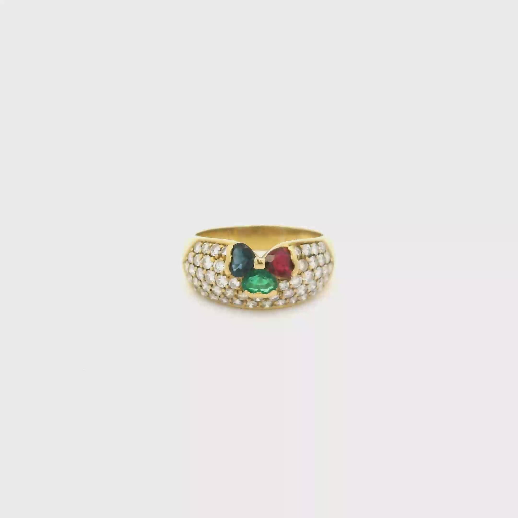 Anillo de Oro con Brillantes, Esmeralda, Zafiro y Rubí