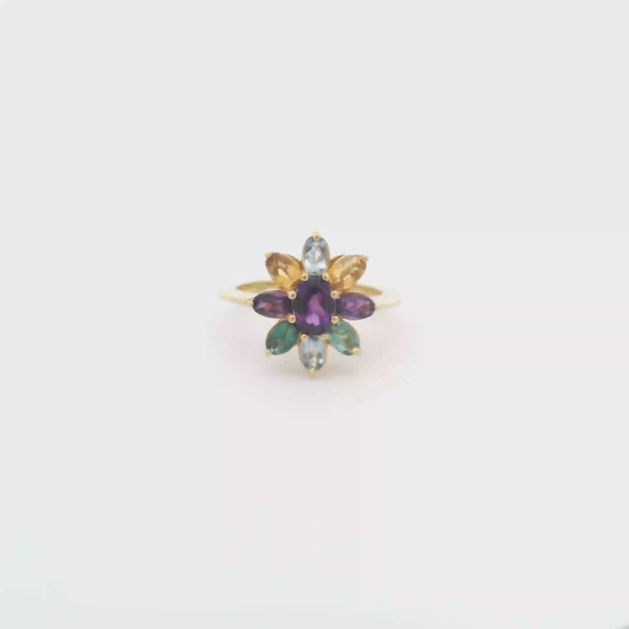 Anillo de Oro Forma de Flor Piedras Navette Multicolor
