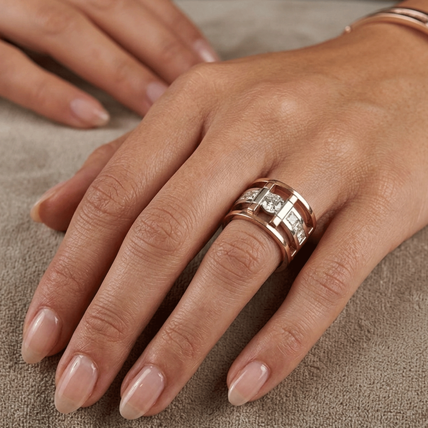 18 carat Gold Triple Ring with 6 Square Brilliant Stones and a Central Round Brilliant
