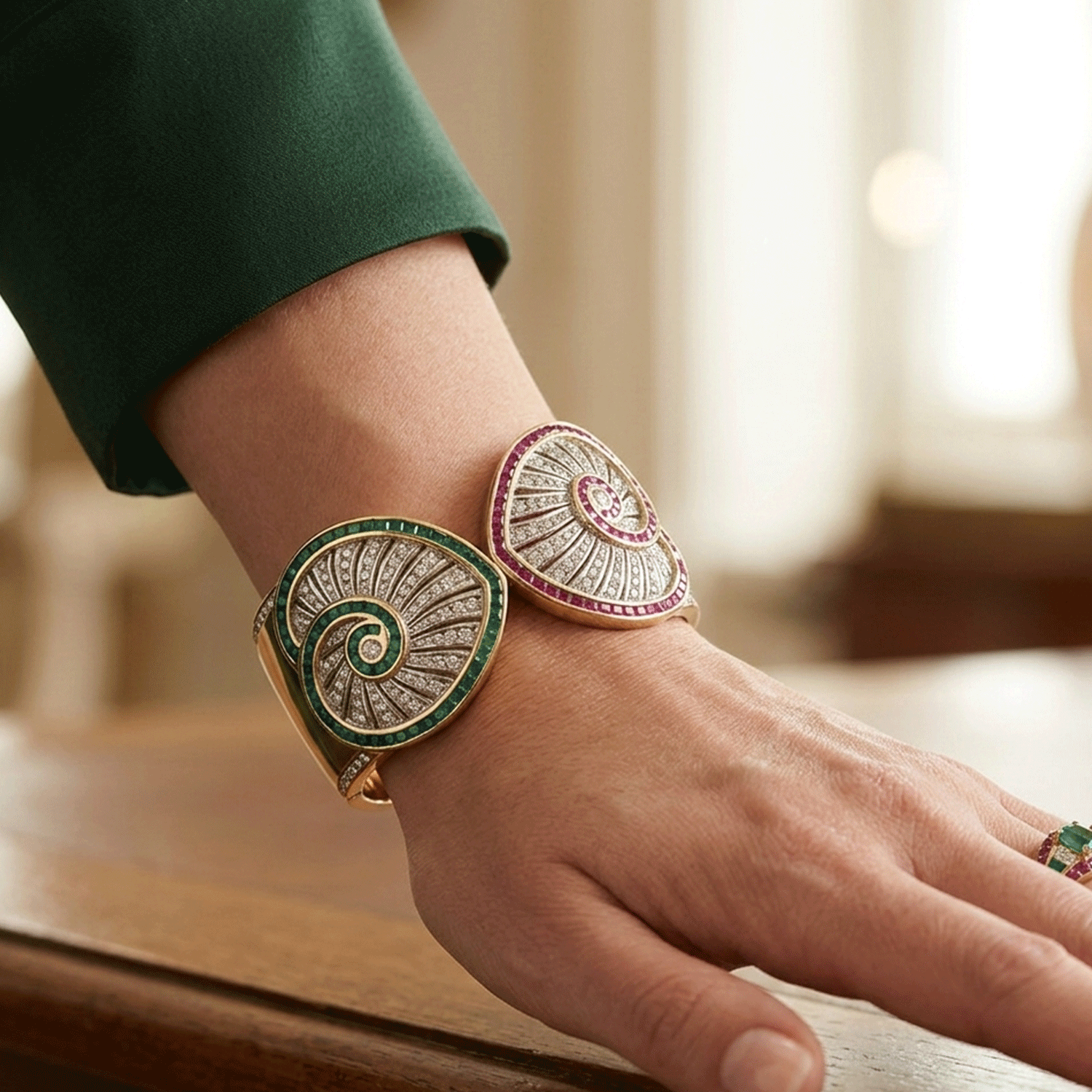 Wide Gold Bangle, Rubies, Emeralds and Diamonds