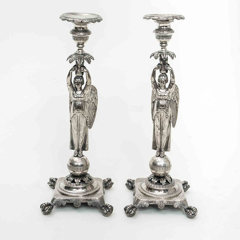 Candeleros de Plata Imperiales con Figuras Aladas, Porto, Circa 1860