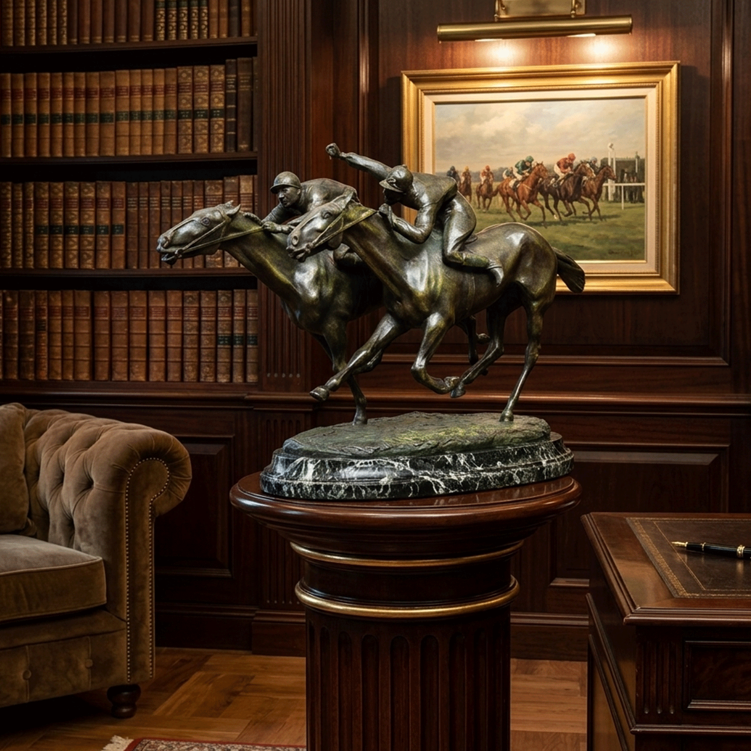 Escultura en Bronce, "Caballos de Carrera en su Llegada" Firmado A. Becquerel, Circa 1920