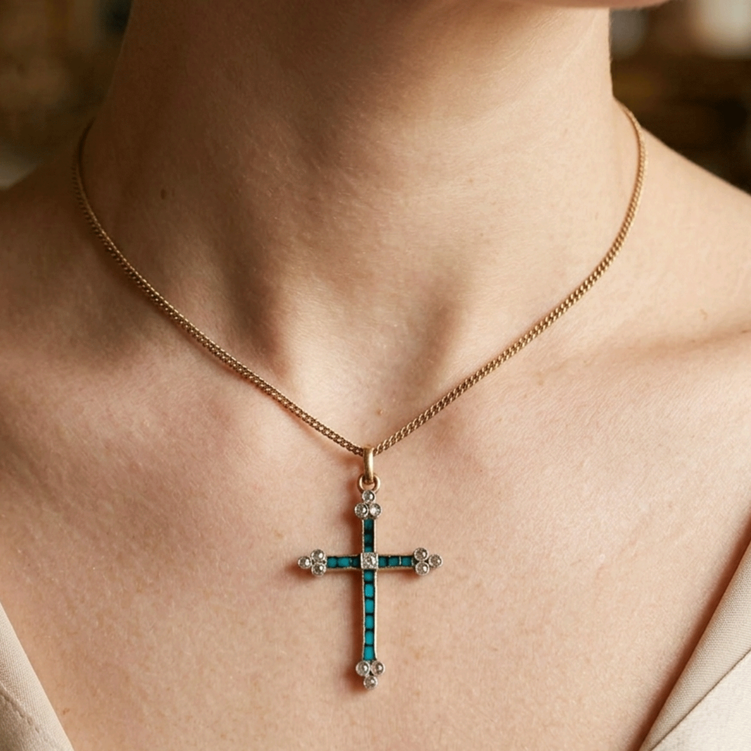 Gold Cross with Brilliant, Diamonds, and Blue Enamel