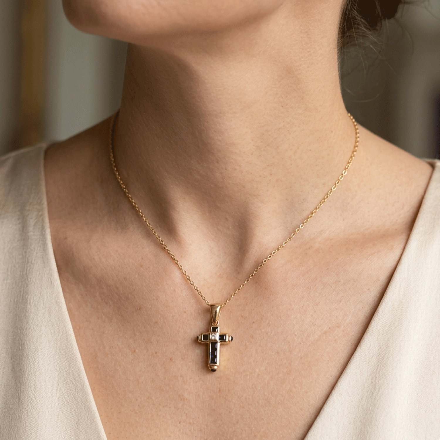 Gold Cross with 0.68ct Sapphires and 0.6ct Diamond