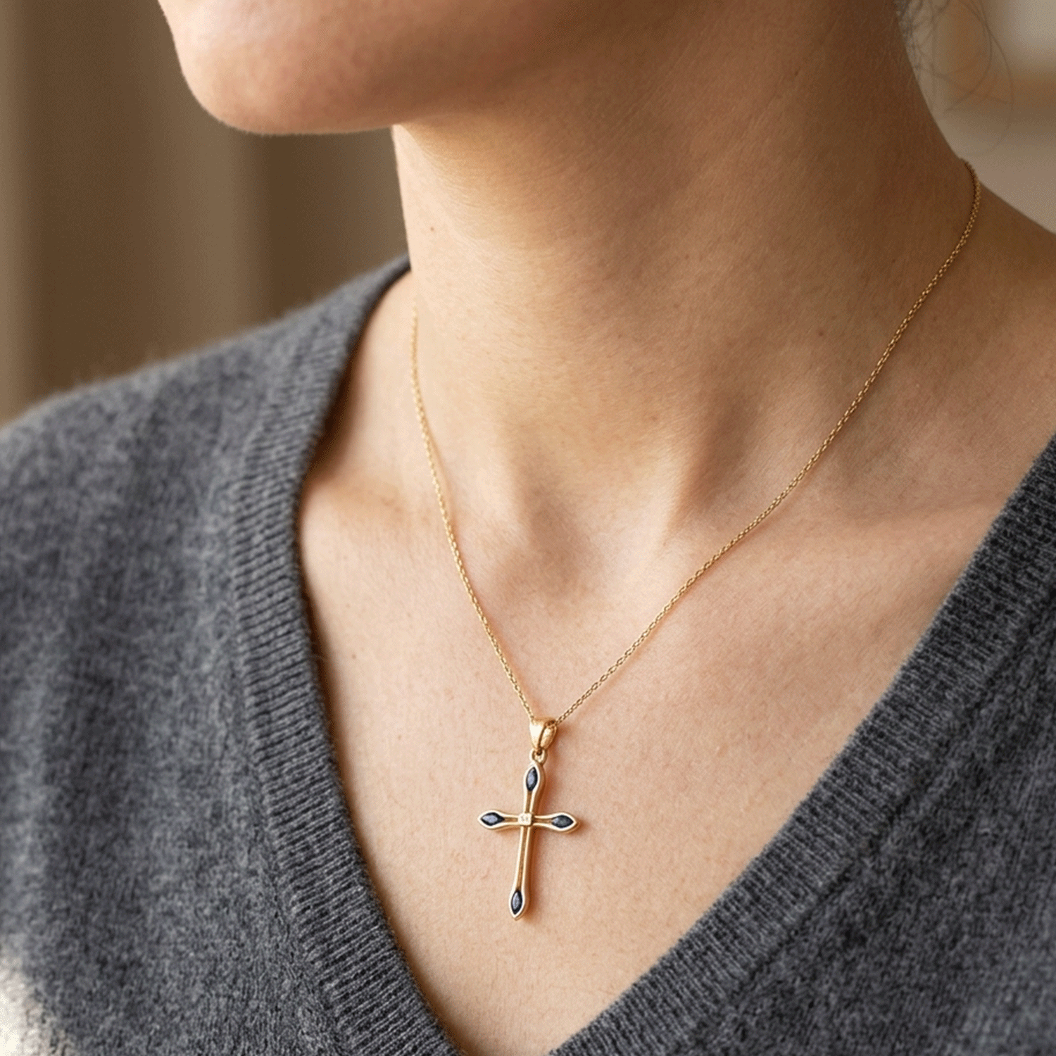 Gold Cross with 0.16ct Sapphires and 0.01ct Diamond