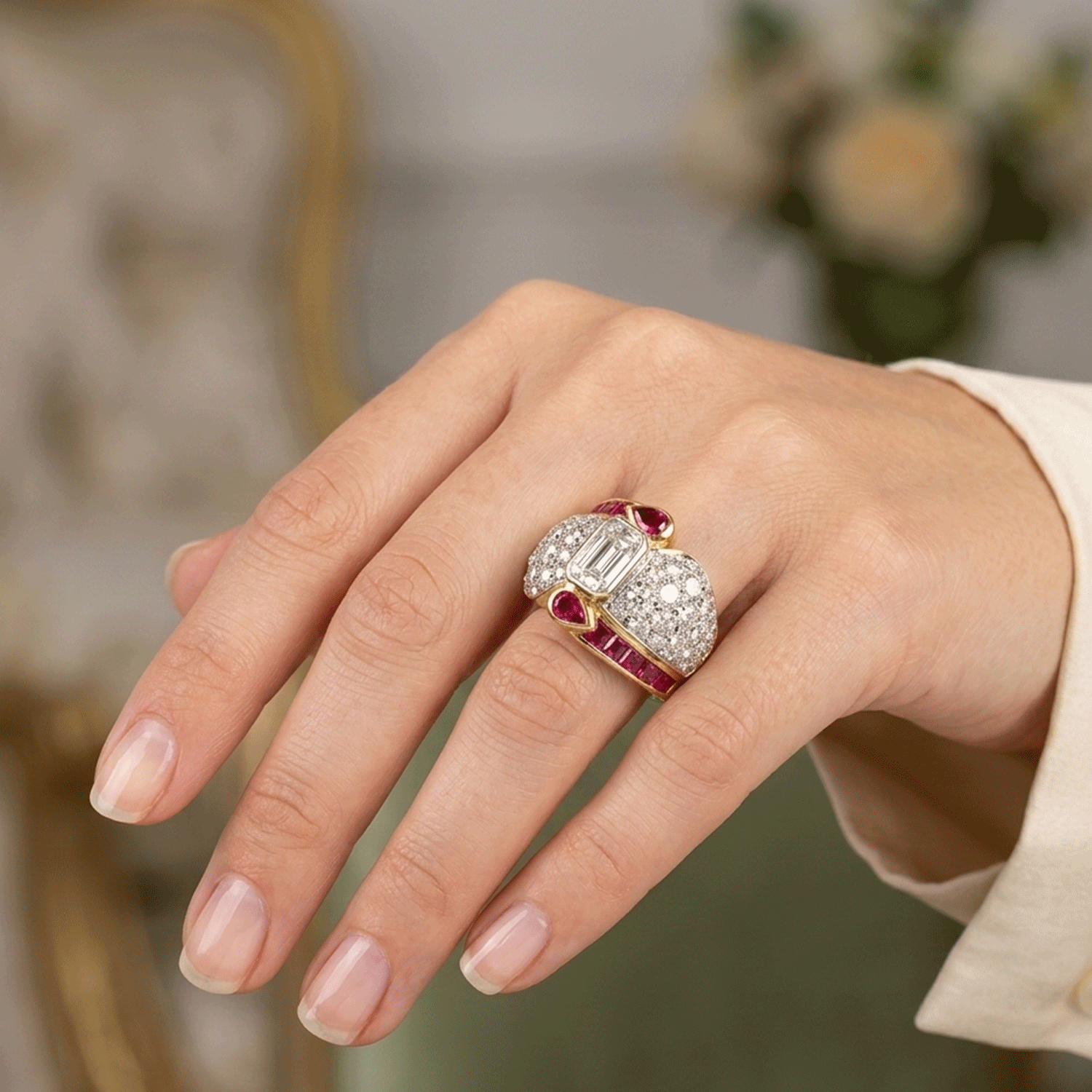 Gold and Platinum Ring with a Dazzling Combination of Natural Diamonds and Rubies