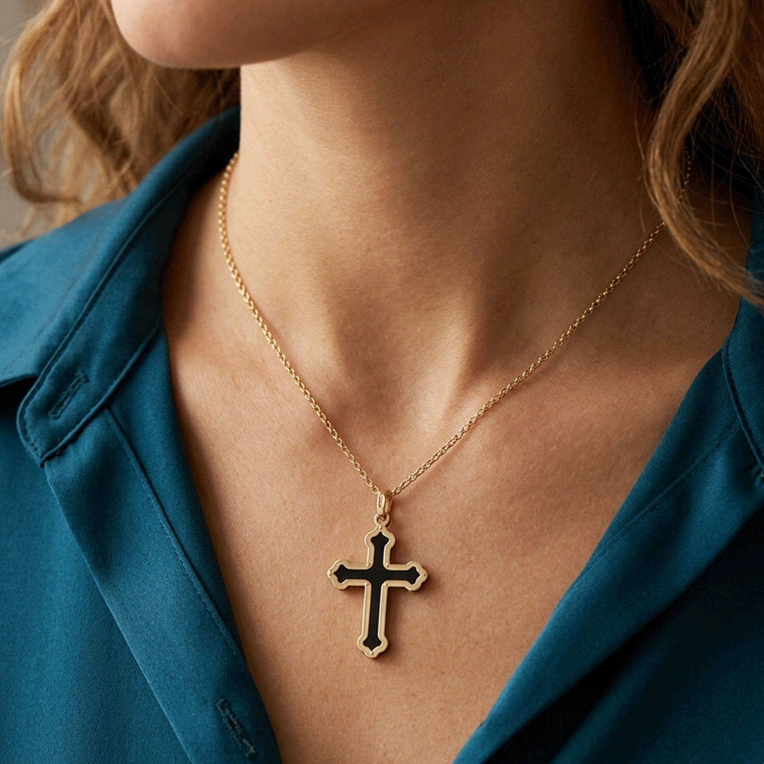 Cross Pendant in 14k Gold and Onyx