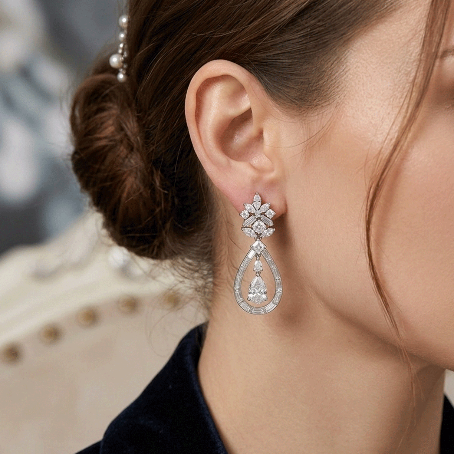 White Gold Caravans with Pear GIA Diamonds, Decorated with a Collection of Diamonds