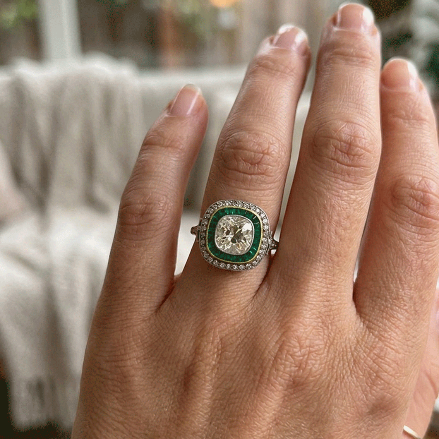 Art Deco Platinum Ring with Natural Emeralds and 1.77ct Fancy Diamond GIA