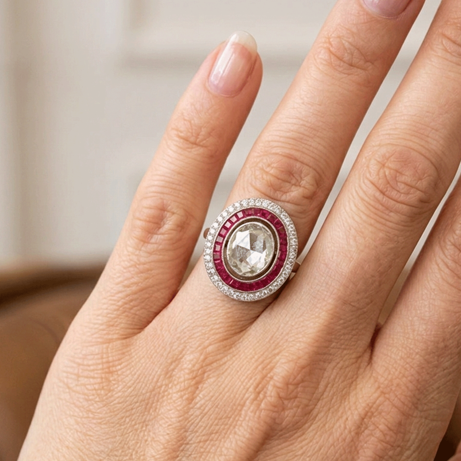 Anillo Oval Estilo Art Déco en Platino con Diamante "Rose Cut", Rubíes Naturales y Brillantes