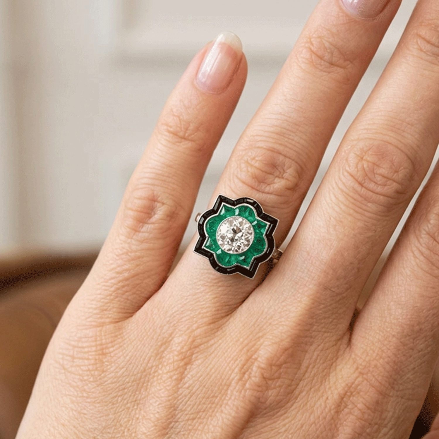 Art Deco Style Platinum Ring with Natural Emerald, Onyx and 1.31ct Brilliant