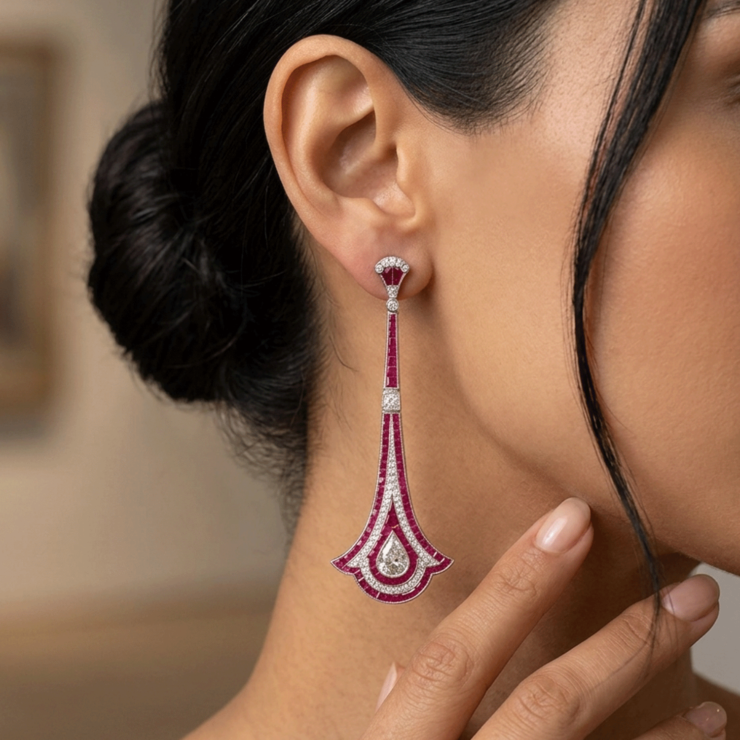 Exquisitez Art Deco: Aros Largos con Brillantes de 1.19ct y Rubíes Naturales de 5.50ct