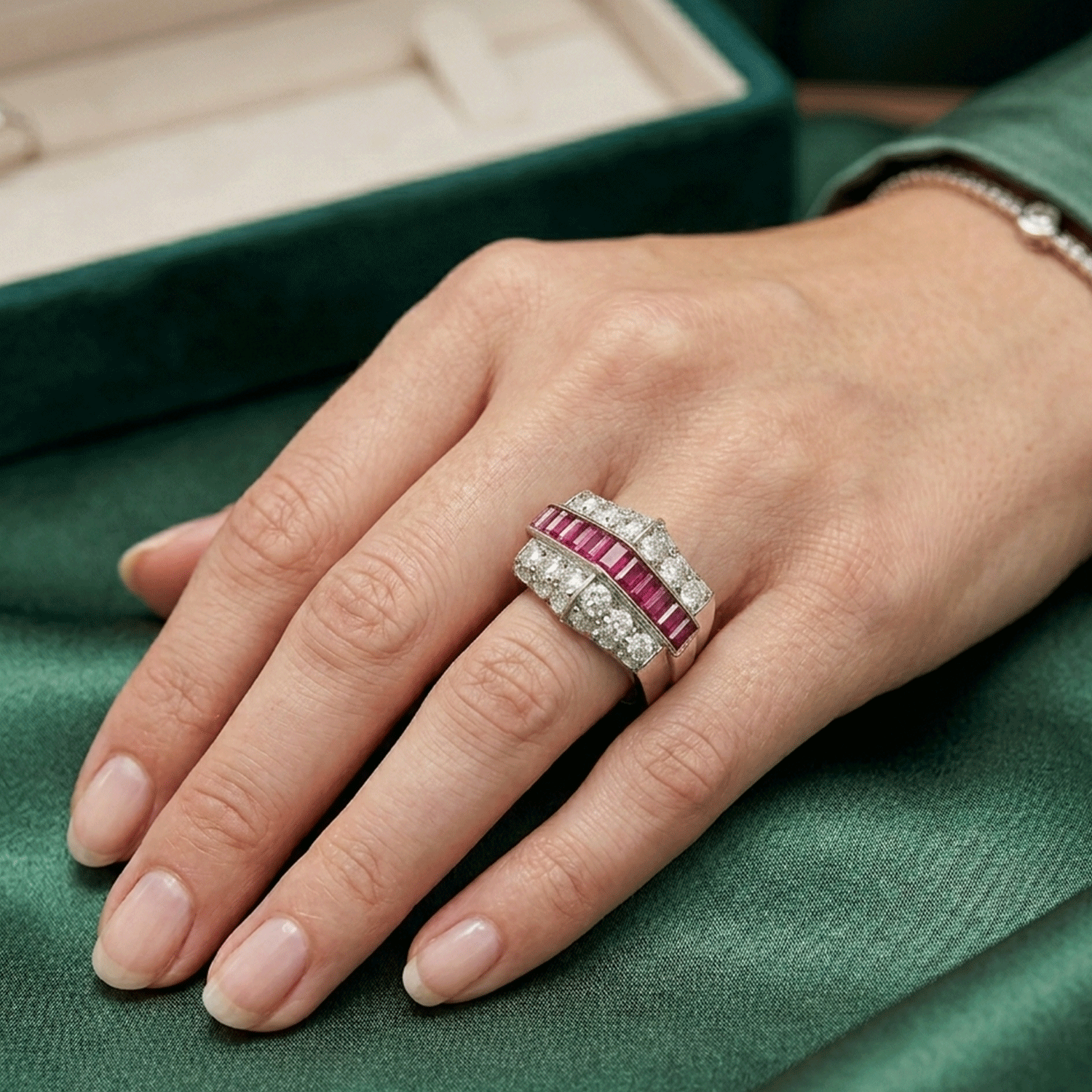 Anillo Retro de Platino, Punzón Francés Con Brillantes y Rubíes